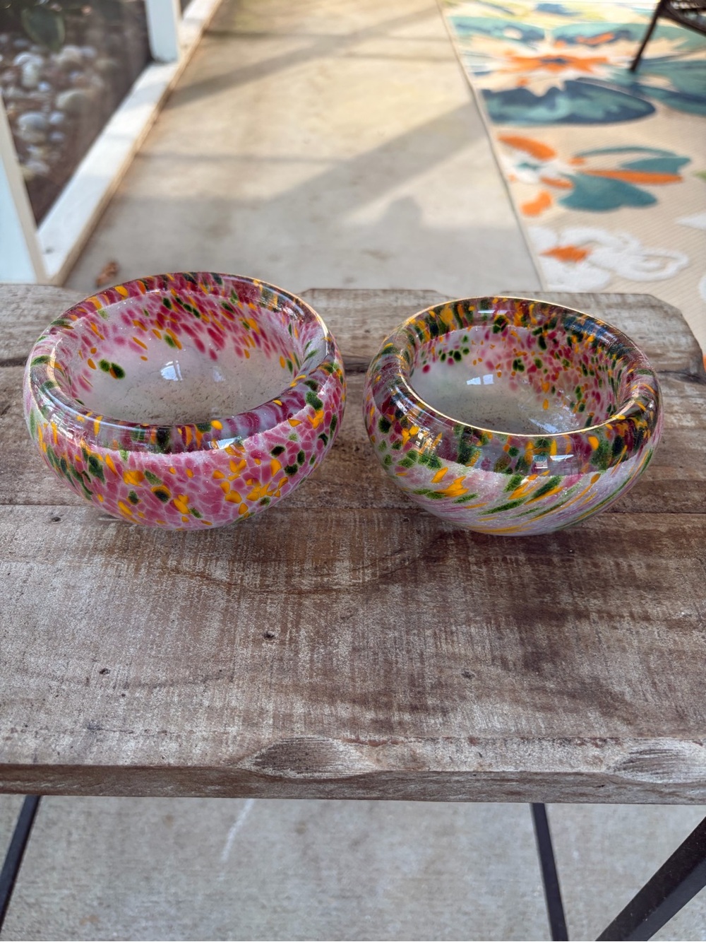 Two Handblown Glass small Decorative Bowls - Pink and Multicolor